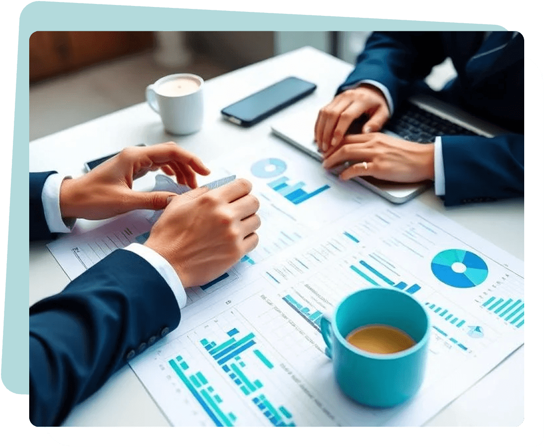 Professionals discussing graphs at a table